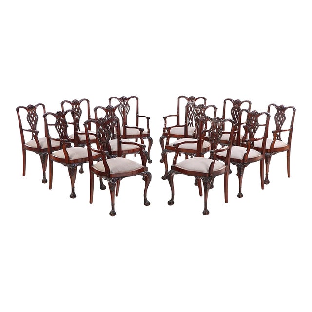 Rare Set of 12 English Chippendale Style Mahogany Armchairs, C. 1900. For Sale