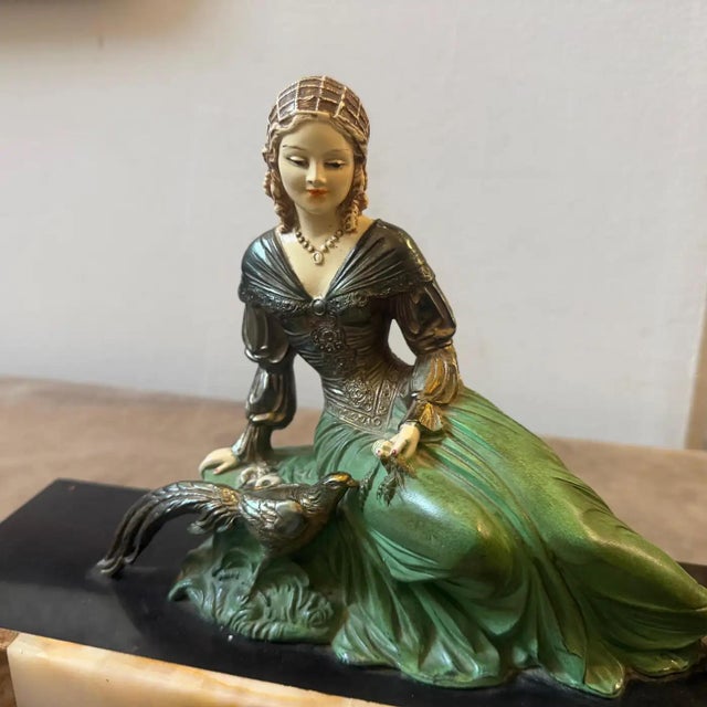 Onyx A 1930s Art Deco Spelter and Marble French Statue of a Woman and a Pheasant For Sale - Image 8 of 15