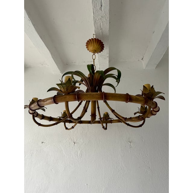 1 of 2 C 1950 French Tole Palm Tree 6 Light Chandelier Rare Shape and Big Size For Sale - Image 4 of 5