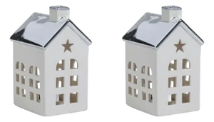 Lilou 2-Piece Set Porcelain LED House with Silver Roof, Small