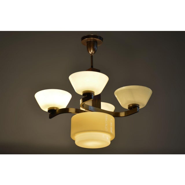 Art Deco Chandelier in Oak, Brass, and Opaline Glass, Czech, 1920s For Sale - Image 9 of 10