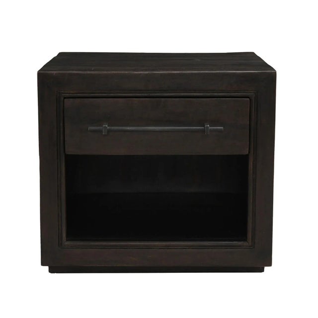 Modern rich dark espresso finish mango wood nightstand. Features one drawer with cast iron pull and shelving area below....