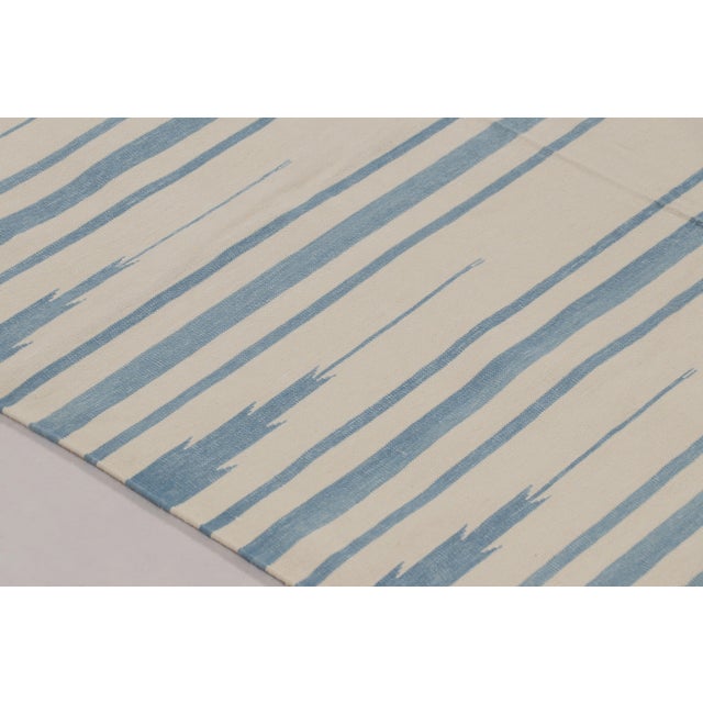 Rug & Kilim’s Indian Dhurrie Rug in Ivory and Blue Stripes For Sale In New York - Image 6 of 10