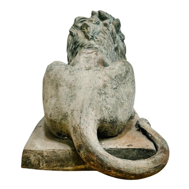 Grand Scale Vintage Continental European Patinated Bronze Recumbent Lions - Pair For Sale - Image 9 of 18