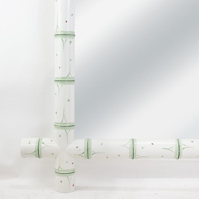 French Vintage French Faux Bamboo Wall Mirror Hand-Painted Light Green and White Wooden Frame For Sale - Image 3 of 9