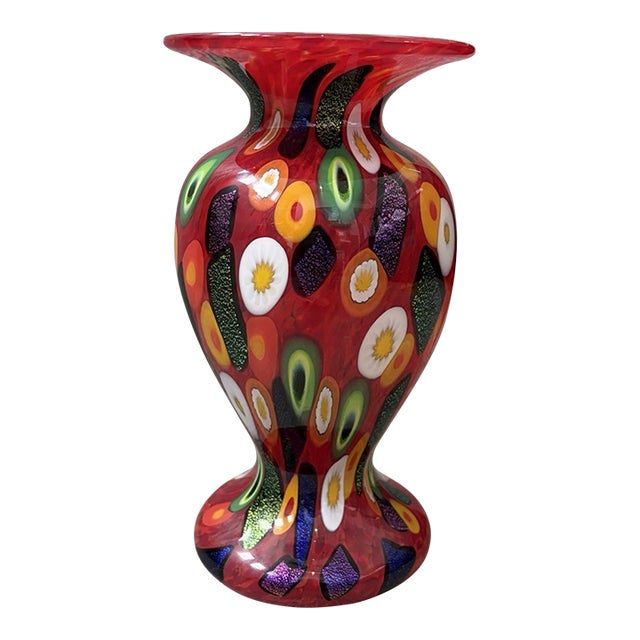 Murano Style Mad Art Studios Signed 2002 Red Millefiori & Dichroic Art Glass Vase For Sale