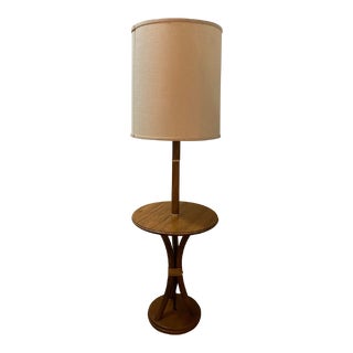Mid-Century Modern Teak Rattan Boho Floor Lamp With Table Shelf For Sale