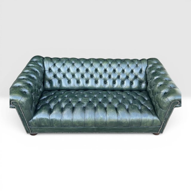 1960s Classic English Traditional Chesterfield Sofa in Rich Dark Green Leather- Brass Nail Head Trim For Sale - Image 11 of 11