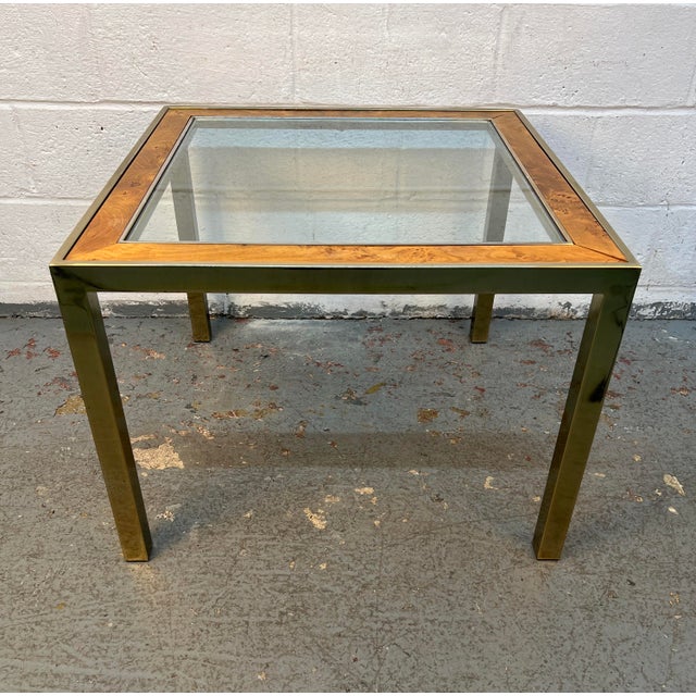 Mid 20th Century Brass & Burl Accented Glass Side Table For Sale - Image 4 of 13