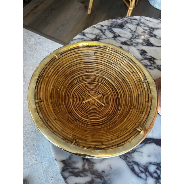 Late 20th Century Italian Pencil Reed Rattan Bowl With Brass Trim, 14.75 In For Sale - Image 5 of 5