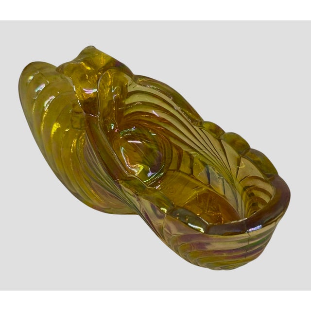 Amber 1960s Fenton Iridescent Amber Carnival Glass Cat Head Slipper Shoe Amber Glass Slipper For Sale - Image 8 of 12