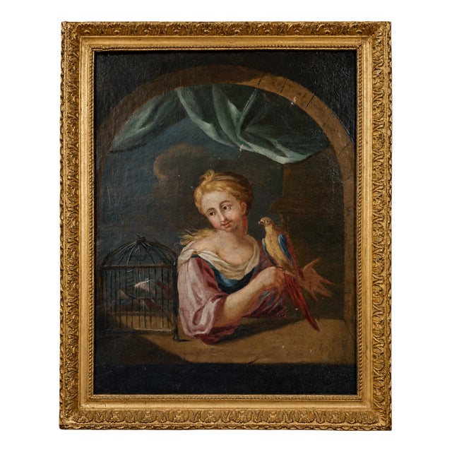 Young Woman with a Parrot, Early 1700s, Oil on Canvas, Framed For Sale