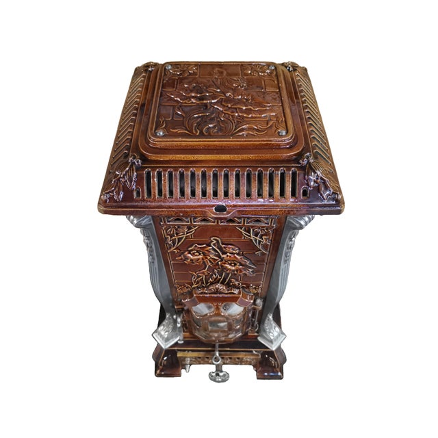Brown Antique French Art Nouveau Brown Majolica and Enameled Cast Iron Fireplace Tower Stove with Floral Reliefs, 1920s For Sale - Image 8 of 14