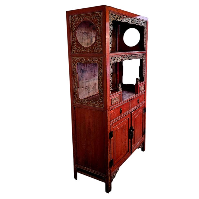 Red Antique Chinese Red Lacquer Scholar Cabinet With Carved Fretwork, 75.5", Late Qin G / Early Republic For Sale - Image 8 of 18