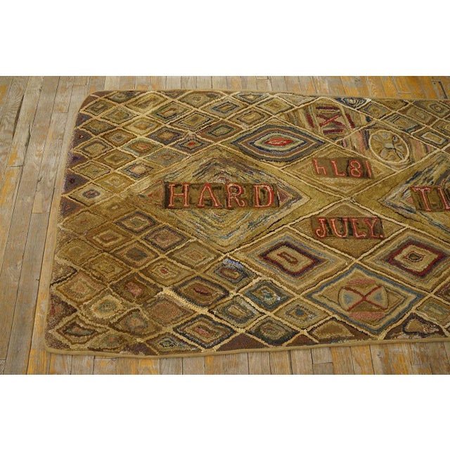 American 1870s Brown Geometric Folk Art Antique American Hooked Rug 3'1" X 6'1" Inscription Wool Carpet For Sale - Image 3 of 11