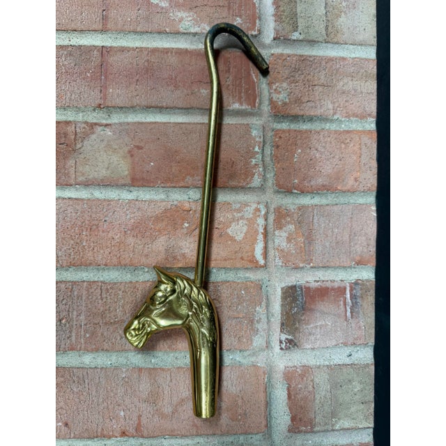1980s Vintage Brass Horse Head Fireplace Chimney Flue Damper Hook For Sale - Image 4 of 6