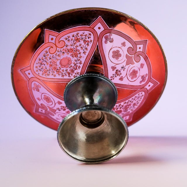 Moser Glassworks Late 19th Century Moser Cranberry Glass Enameled Compote on Silver-Plated Stand For Sale - Image 4 of 6