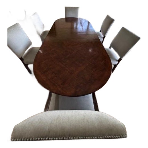 Beautiful Traditional Oak Parquet Dining Room Table and Chairs With 2 Exenstions For Sale