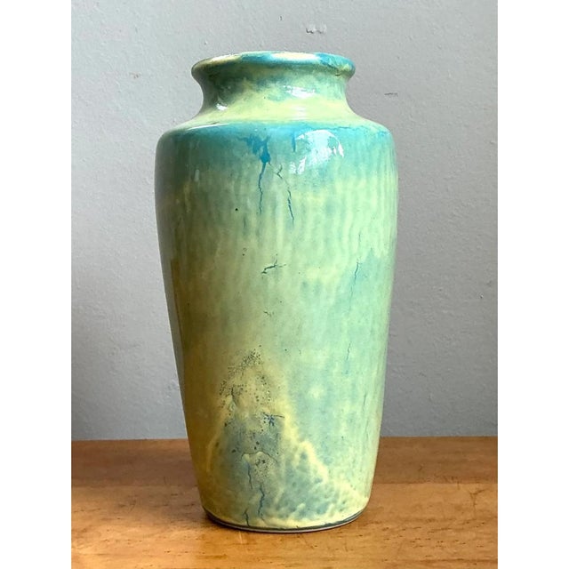 Mid-Century Modern Vintage Blue and Yellow Glazed Ceramic Vase For Sale - Image 3 of 12