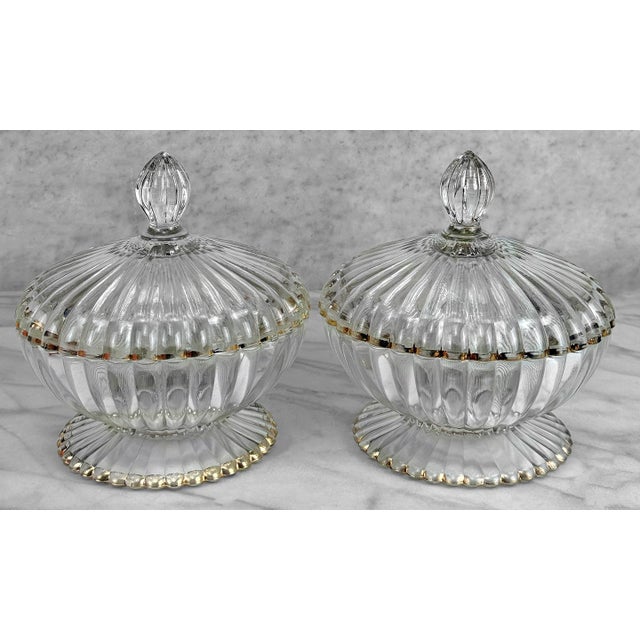Hollywood Regency Vintage Hollywood Regency Scalloped Glass Lidded Candy Dish - A Pair For Sale - Image 3 of 9