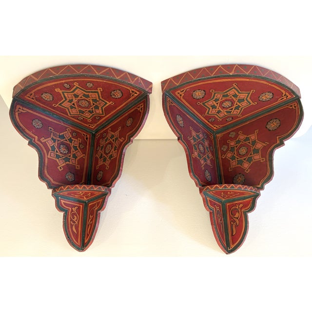 Mid 20th Century Vintage Painted Wood Moroccan Corner Wall Shelves- a Pair For Sale - Image 5 of 12