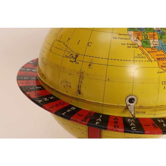 Vintage Replogle Yellow and Red Tin Litho "Globe Grams' Spinning World Globe For Sale In New York - Image 6 of 18
