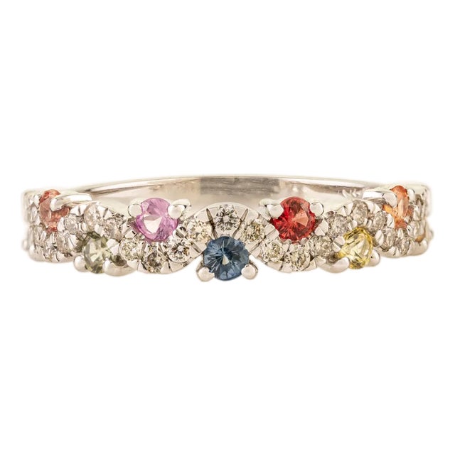 Rainbow Sapphire & Diamond Stackable Half Eternity Band Ring Size 5 in 14k White Gold For Sale