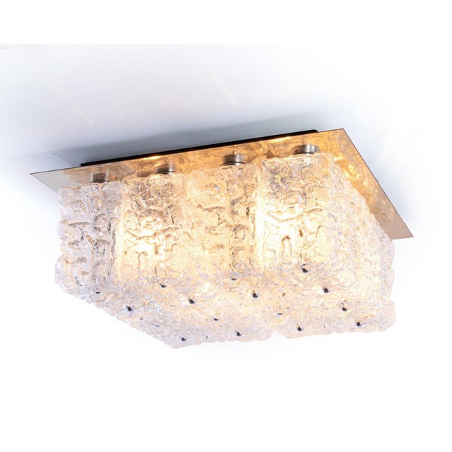 German Large Square Glass & Brass Chandelier from Limburg, 1960 For Sale - Image 3 of 13