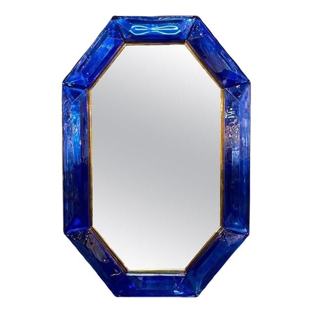 Large Scale Blue Murano Glass and Brass Mirror For Sale