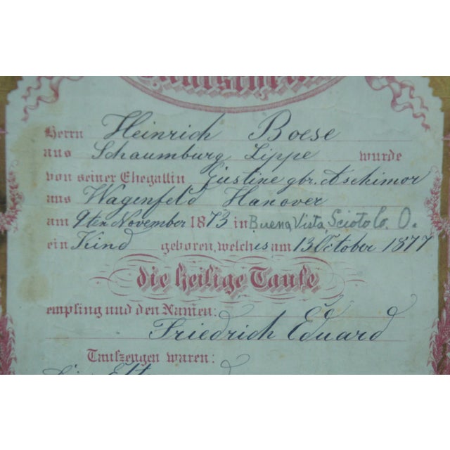 1873 Antique Framed German Taufschein Birth Baptismal Certificate Fraktur For Sale - Image 12 of 13