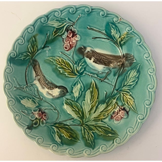 Antique majolica decorative plate made by Onnaing in France in the late 19th, early 20th century. The Art Nouveau style...