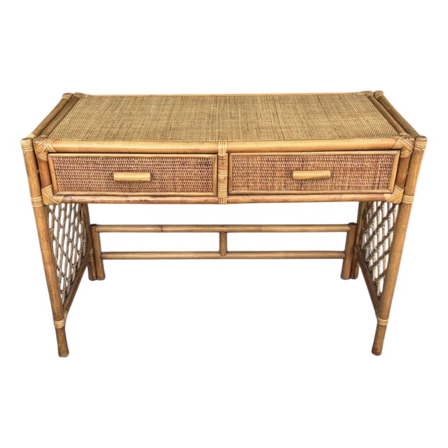 1970s Coastal Rattan Vanity and Writing Desk With Two Storage Drawers For Sale