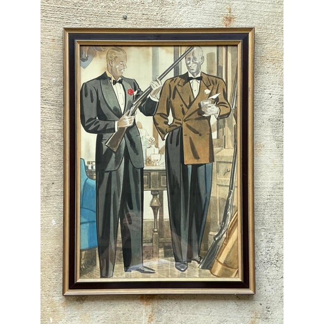 This vintage framed illustration evokes the refined atmosphere of a classic gentlemen’s club, capturing a composed...