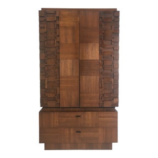 1970s Brutalist Wood Highboy Dresser Armoire For Sale