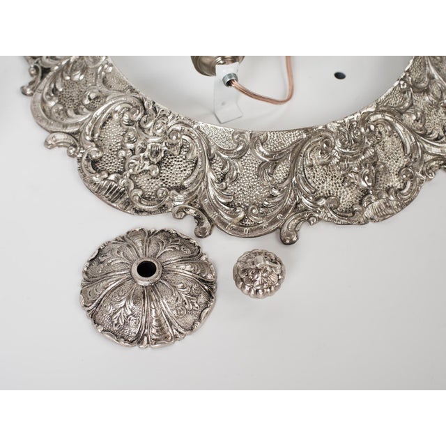Metal 1950s Spanish Neo-Rococo Silver-Plated Cast Brass Plafond Flush Mount Ceiling Light For Sale - Image 7 of 13