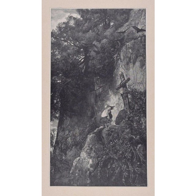 Image dimensions: 34 x 19 cm. Der büsser is an original print, realized in 1898. Black and white xylograph on applied...