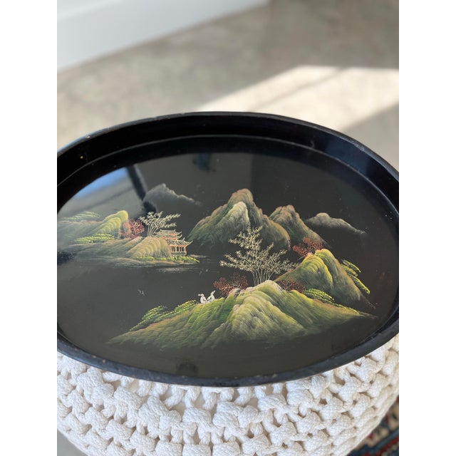 1960s Vintage Hand-Painted Lacquer on Wood Chinoiserie Landscape Tray For Sale - Image 4 of 11