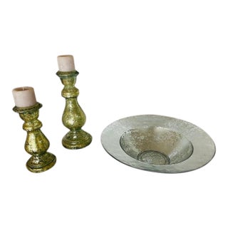 Large Green Glass Bowl & Candleholders, Spain For Sale