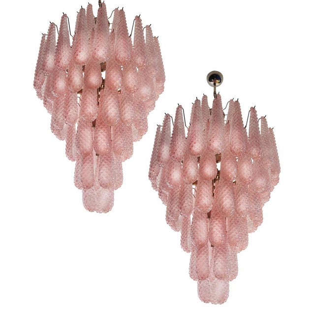Pair gorgeous italian vintage chandeliers made from 85 great hourglass murano glass. 7 levels. Nickel plated metal frame....