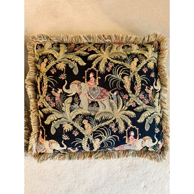 Textile Vintage Chinoiserie Tapestry Throw Pillows With Elephants and Monkeys - A Pair For Sale - Image 7 of 13
