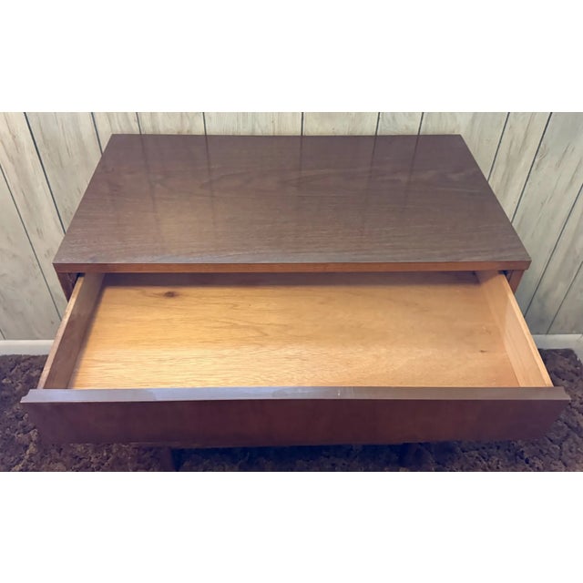 Brown Vintage Mid-Century Modern Walnut 3-Drawer Lowboy Dresser With Brass-Capped Legs and Stylish Black-Gold Handles For Sale - Image 8 of 16
