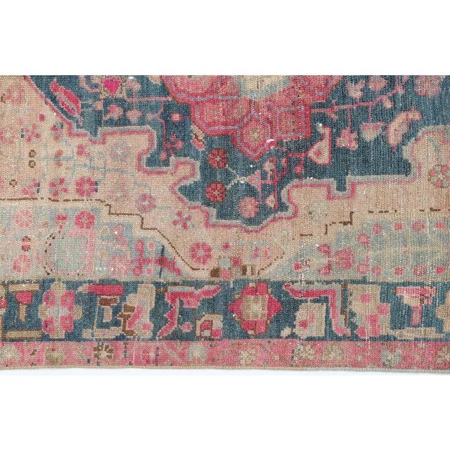 Contemporary Vintage Wool on Cotton Tribal Area Rug – HandMade All Around Design in Soft Rose & Blue Tones -3' 7'' X 7' 4'' For Sale - Image 3 of 12