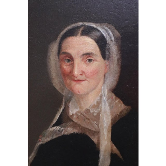 Early 19th Century American Folk Art School Portrait of a Lady Holding Glasses For Sale - Image 4 of 5