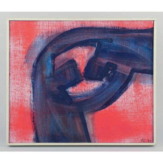 Anna Ekvall (born 1951), listed Swedish artist. Oil on canvas. Abstract composition. Painted in shades of red and blue....