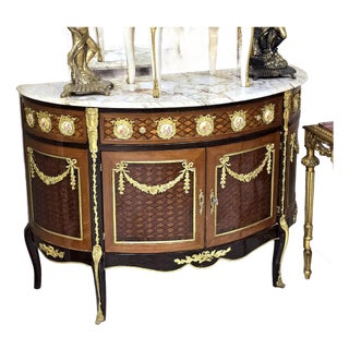 French Louis XVI Demilune Sideboard – Marble Top, Gilded Details & Premium Hardwood For Sale