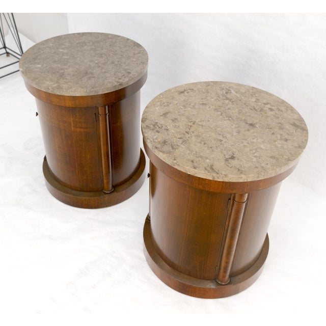 Wood Baker Pair Cylinder Drum Shape Marble Top One Door Compartment Side End Tables For Sale - Image 7 of 18