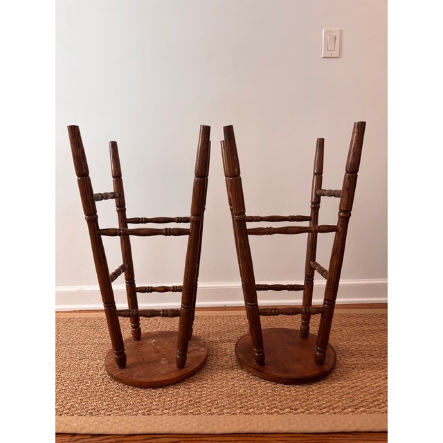 Mid Twentieth Century Solid Wood Oak Turned Leg Classic English Pub Style Bar Stools 30” Barstools, a Pair For Sale - Image 6 of 11