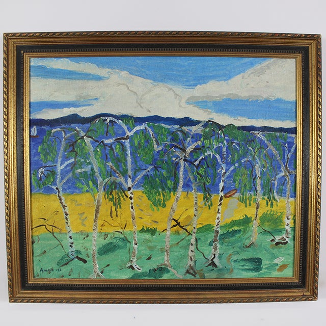 Expressive Swedish mid-century seascape with birch trees in the foreground, signed ‘Amelin’ and dated 1957. Painted in oil...