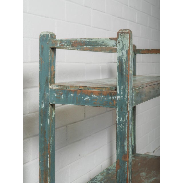 Handcrafted Wooden Shelf With Original Distressed Blue-Green Paint For Sale - Image 4 of 5