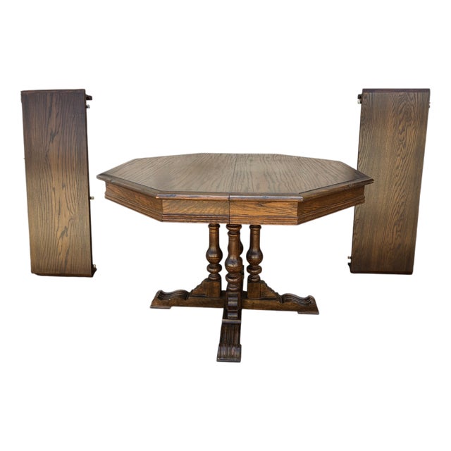 1980s Ethan Allan Charter Oak Jacobean Dining Room Pedestal Table For Sale